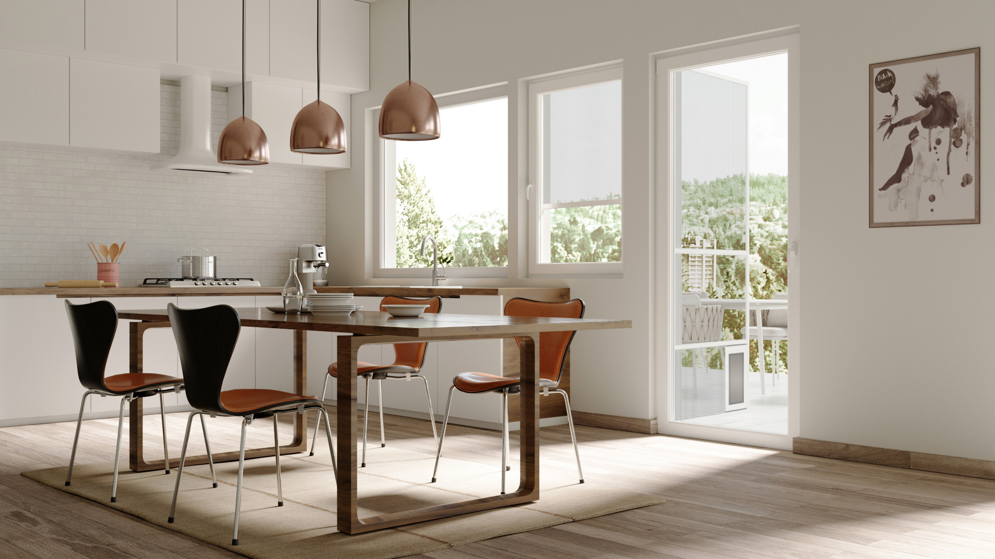 Fliegengitter und Insektenschutz als Drehtüre im Esszimmer