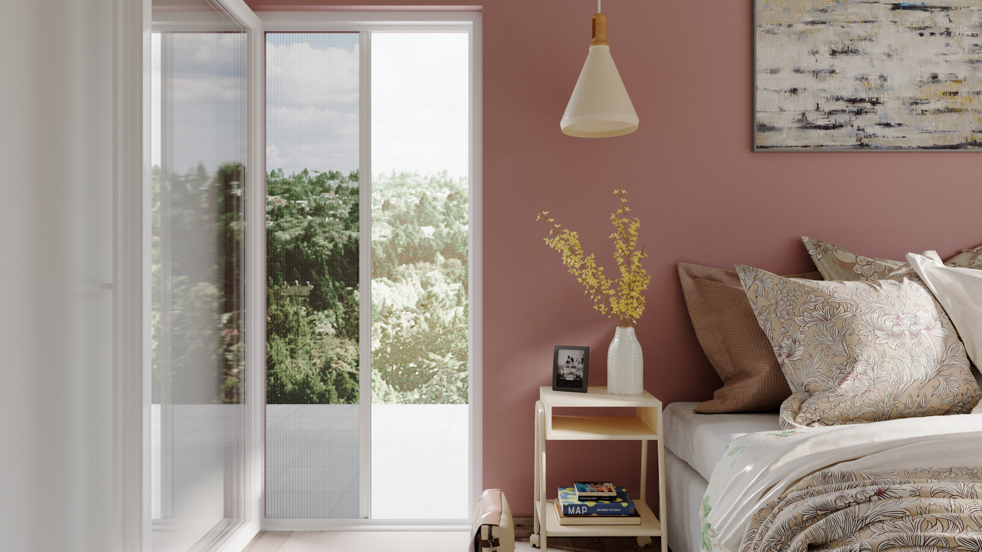 Fliegengitter und Insektenschutz als Türplissee im Schlafzimmer